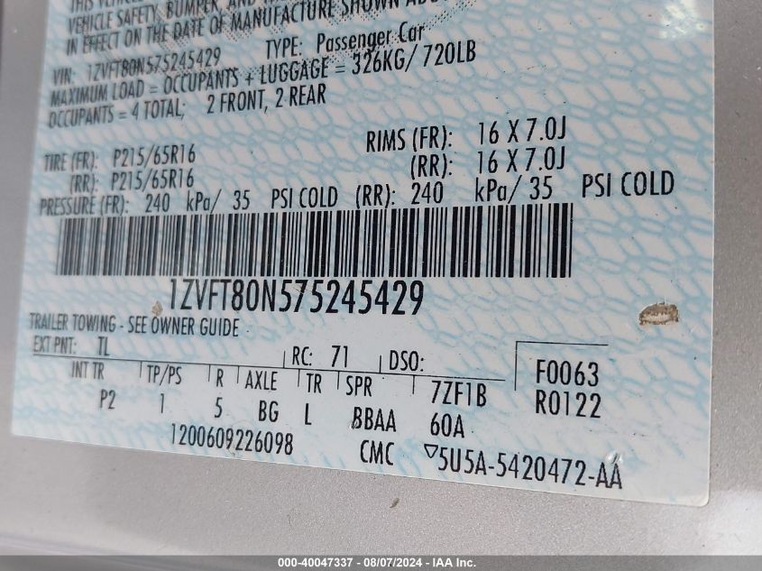 2007 Ford Mustang VIN: 1ZVFT80N575245429 Lot: 40047337