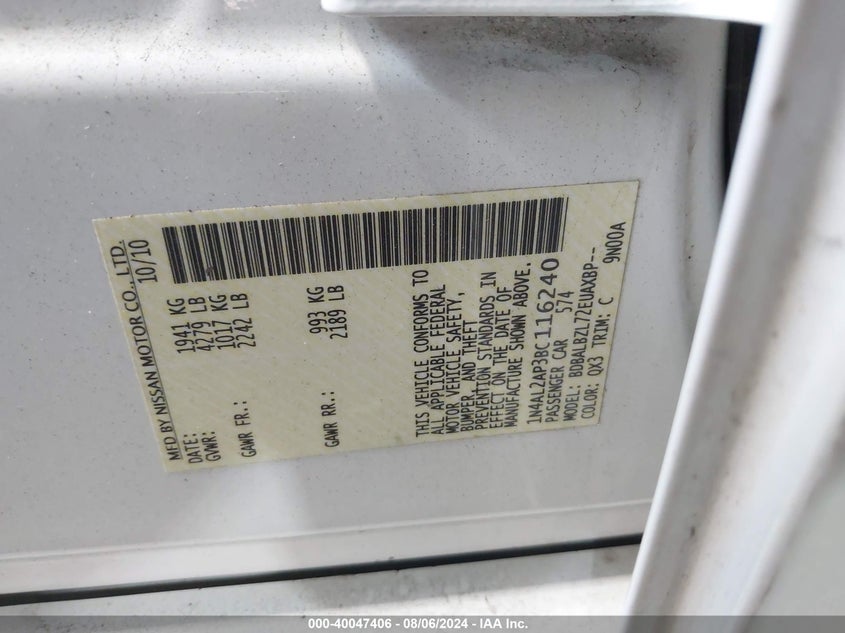 2011 Nissan Altima 2.5 S VIN: 1N4AL2AP3BC116240 Lot: 40047406