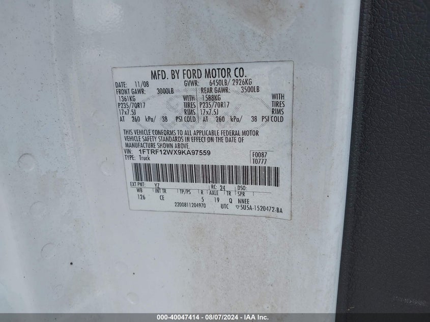 2009 Ford F150 VIN: 1FTRF12WX9KA97559 Lot: 40047414