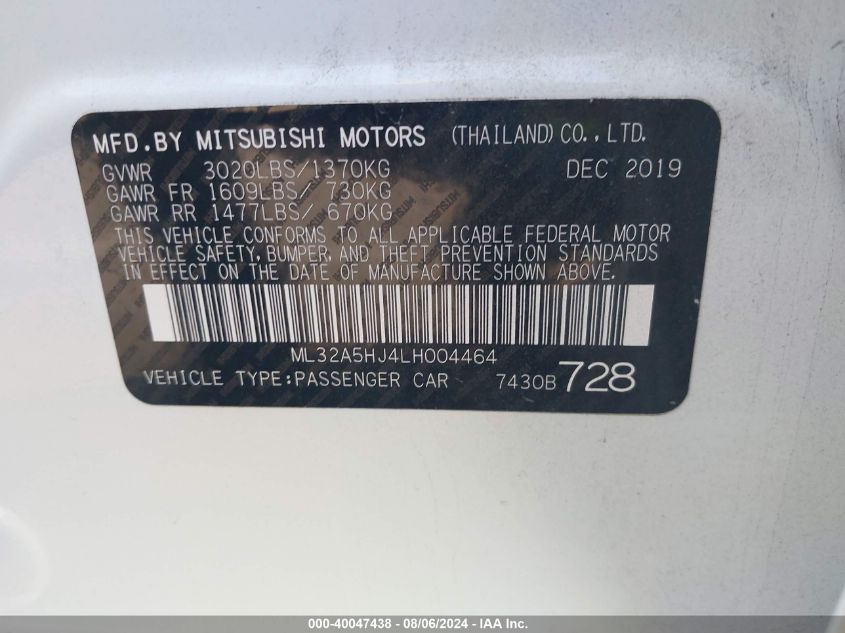 2020 Mitsubishi Mirage Le VIN: ML32A5HJ4LH004464 Lot: 40047438