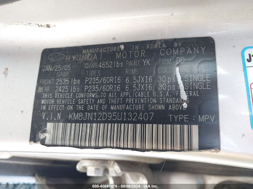 2005 Hyundai Tucson Gls/Lx VIN: KM8JN12D95U132407 Lot: 40047476