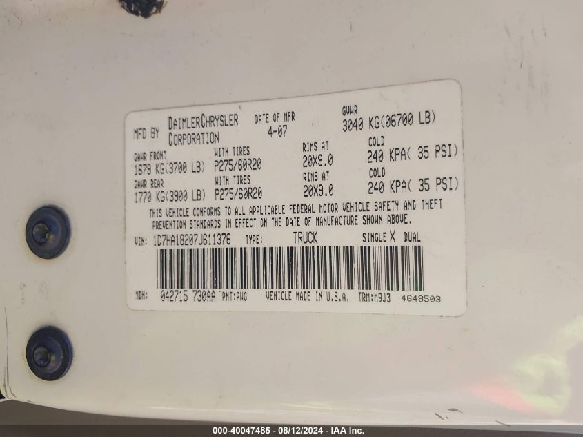 2007 Dodge Ram 1500 St/Slt VIN: 1D7HA18207J611376 Lot: 40047485