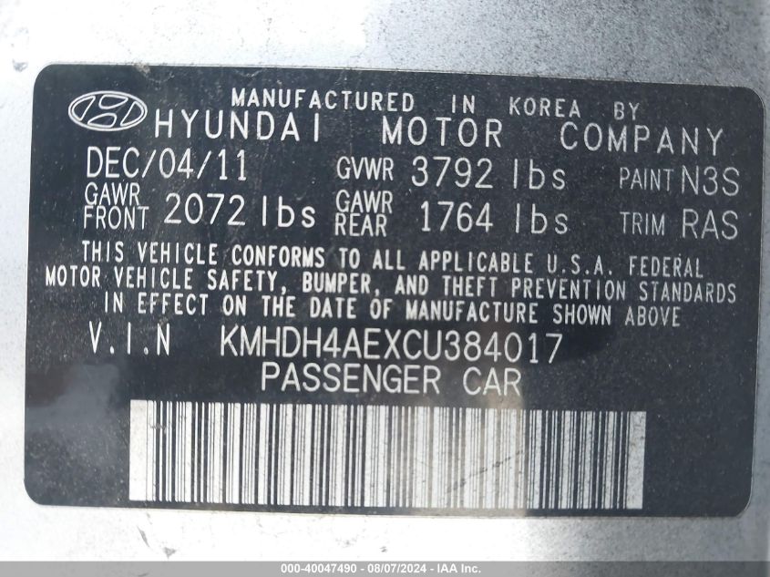 2012 Hyundai Elantra Gls (Ulsan Plant) VIN: KMHDH4AEXCU384017 Lot: 40047490