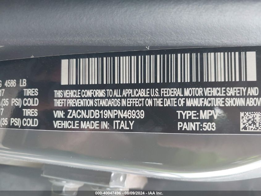 2022 Jeep Renegade Latitude 4X4 VIN: ZACNJDB19NPN46939 Lot: 40047496