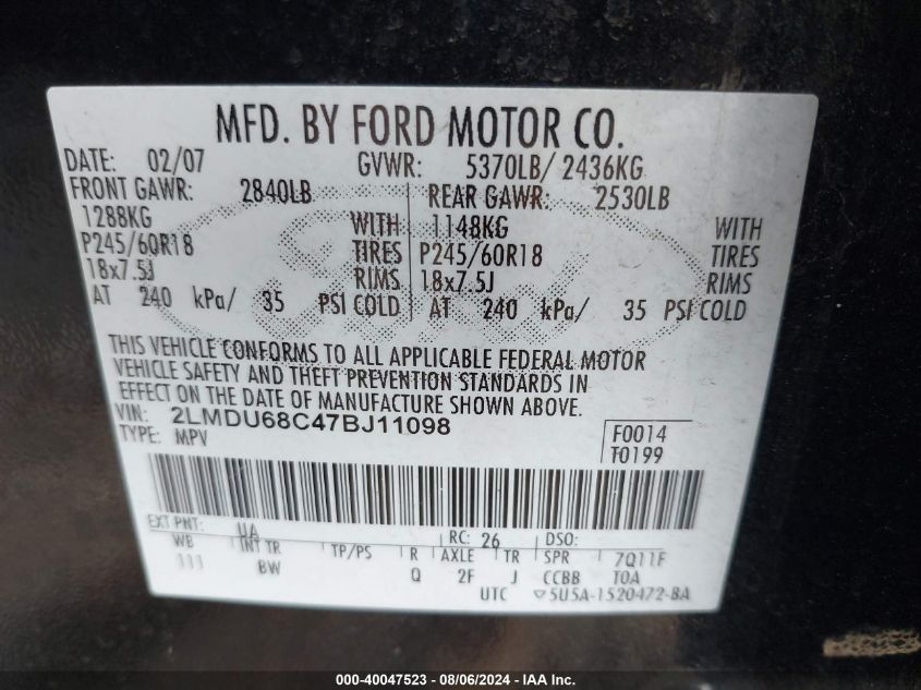 2007 Lincoln Mkx VIN: 2LMDU68C47BJ11098 Lot: 40047523