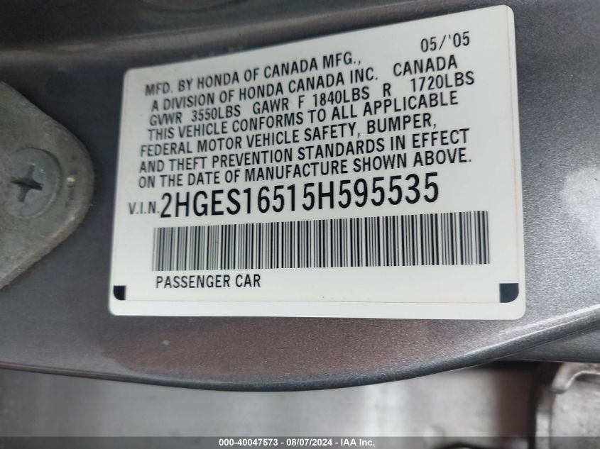 2HGES16515H595535 | 2005 HONDA CIVIC