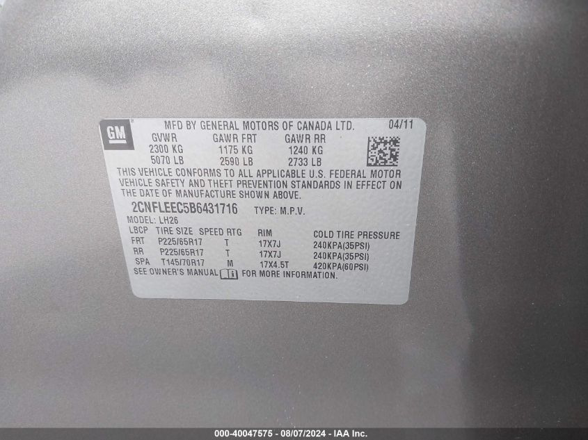 2011 Chevrolet Equinox Lt VIN: 2CNFLEEC5B6431716 Lot: 40047575