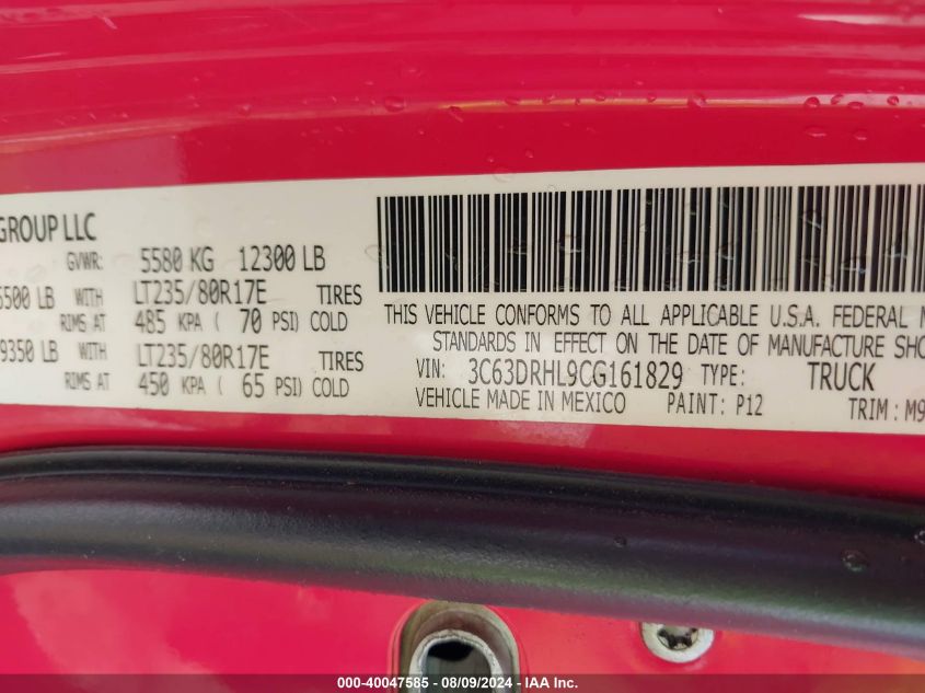 2012 Ram 3500 Slt VIN: 3C63DRHL9CG161829 Lot: 40047585