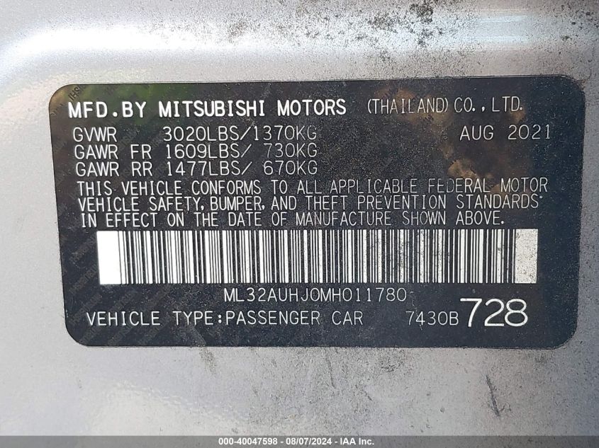 2021 Mitsubishi Mirage Carbonite Edition/Es/Le VIN: ML32AUHJ0MH011780 Lot: 40047598