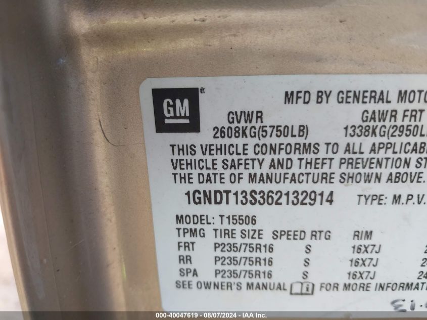 2006 Chevrolet Trailblazer Ls VIN: 1GNDT13S362132914 Lot: 40047619