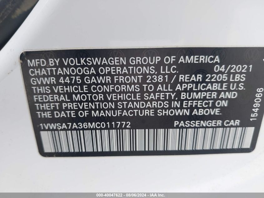 2021 Volkswagen Passat 2.0T Se VIN: 1VWSA7A36MC011772 Lot: 40047622