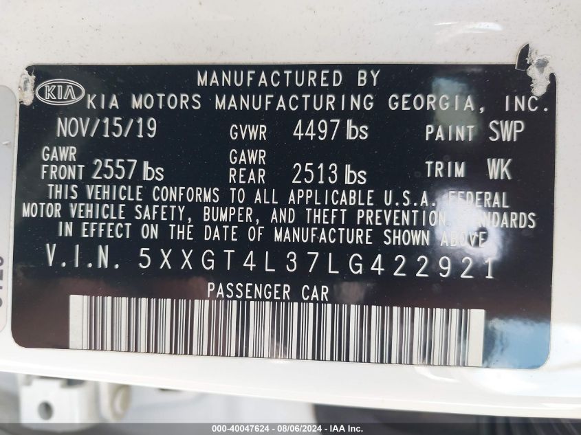 2020 Kia Optima Lx VIN: 5XXGT4L37LG422921 Lot: 40047624