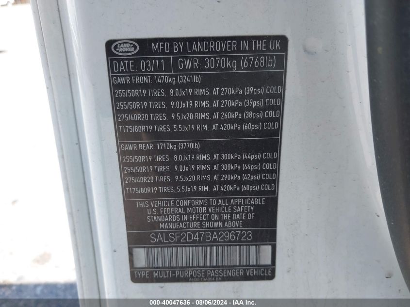 2011 Land Rover Range Rover Sport Hse VIN: SALSF2D47BA296723 Lot: 40047636