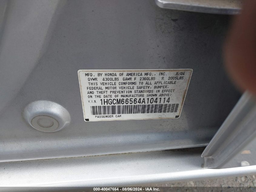2004 Honda Accord 3.0 Ex VIN: 1HGCM66564A104114 Lot: 40047664