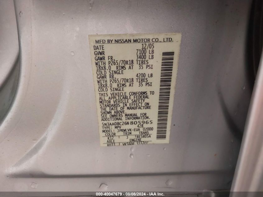 2006 Infiniti Qx56 VIN: 5N3AA08C26N805965 Lot: 40047679