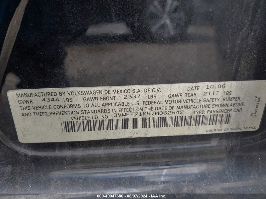 2007 Volkswagen Jetta Wolfsburg Edition VIN: 3VWEF71K57M062642 Lot: 40047686