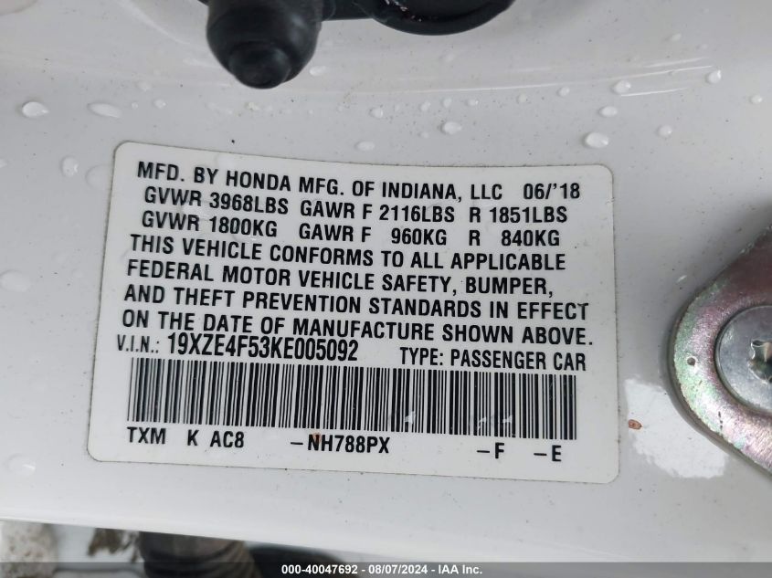 19XZE4F53KE005092 2019 Honda Insight Ex