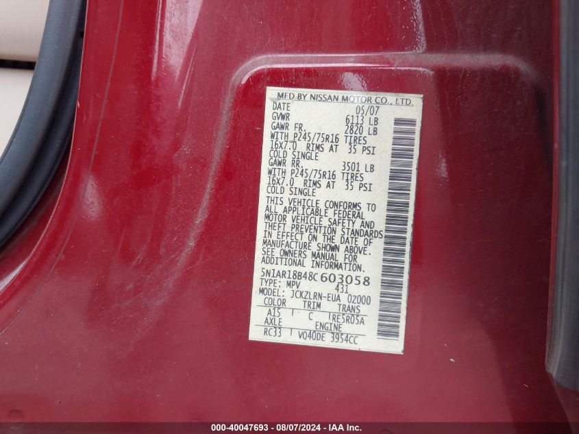 2008 Nissan Pathfinder S VIN: 5N1AR18B48C603058 Lot: 40047693