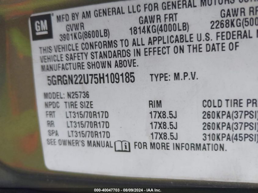 2005 Hummer H2 Sut VIN: 5GRGN22U75H109185 Lot: 40047703