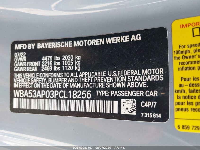 2023 BMW 430I VIN: WBA53AP03PCL18256 Lot: 40047707