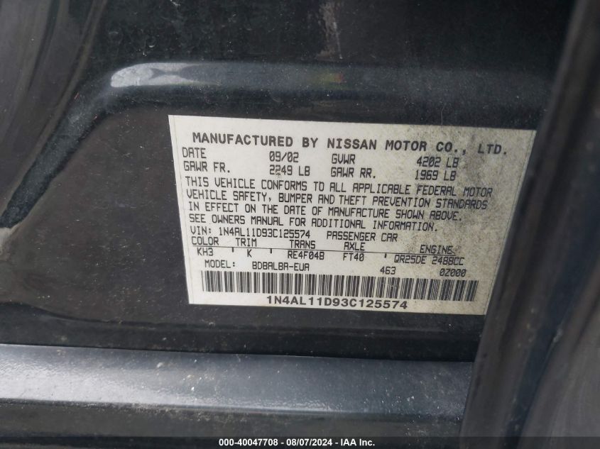 2003 Nissan Altima 2.5 S VIN: 1N4AL11D93C125574 Lot: 40047708