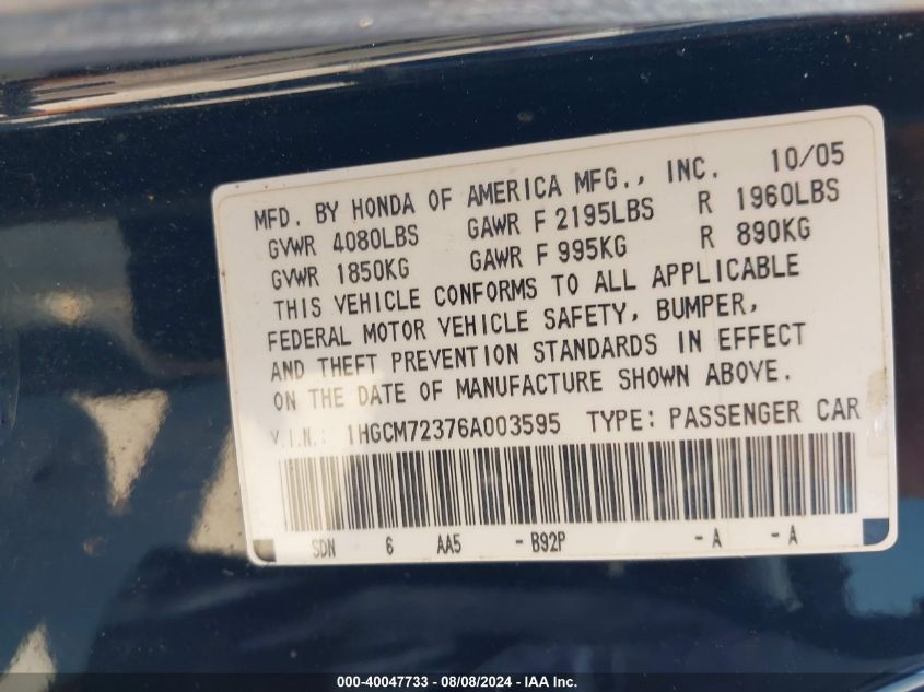 2006 Honda Accord Lx VIN: 1HGCM72376A003595 Lot: 40047733