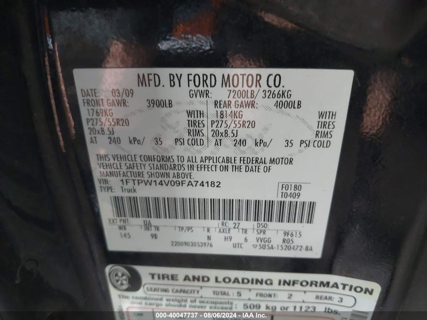 2009 Ford F-150 Fx4/King Ranch/Lariat/Platinum/Xl/Xlt VIN: 1FTPW14V09FA74182 Lot: 40047737