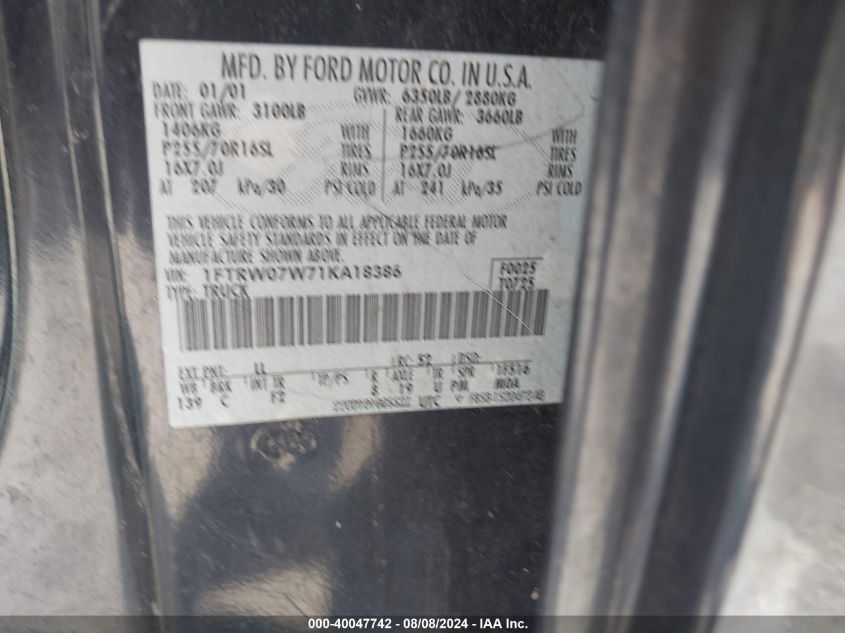 2001 Ford F-150 Harley-Davidson Edition/King Ranch Edition/Lariat/Xlt VIN: 1FTRW07W71KA18386 Lot: 40047742