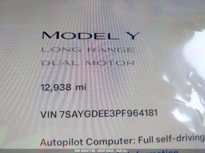 2023 Tesla Model Y Awd/Long Range Dual Motor All-Wheel Drive VIN: 7SAYGDEE3PF964181 Lot: 40047746