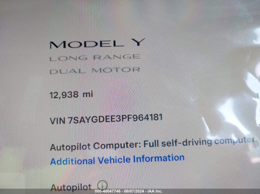 2023 Tesla Model Y Awd/Long Range Dual Motor All-Wheel Drive VIN: 7SAYGDEE3PF964181 Lot: 40047746