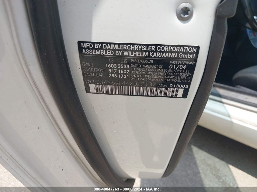 2004 Chrysler Crossfire Limited VIN: 1C3AN69L44X022137 Lot: 40047763