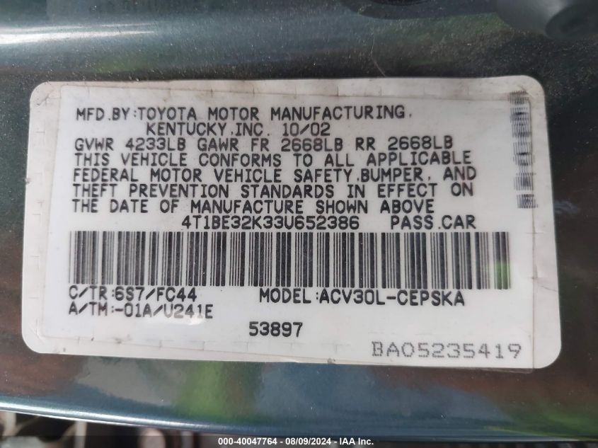 4T1BE32K33U652386 2003 Toyota Camry Se