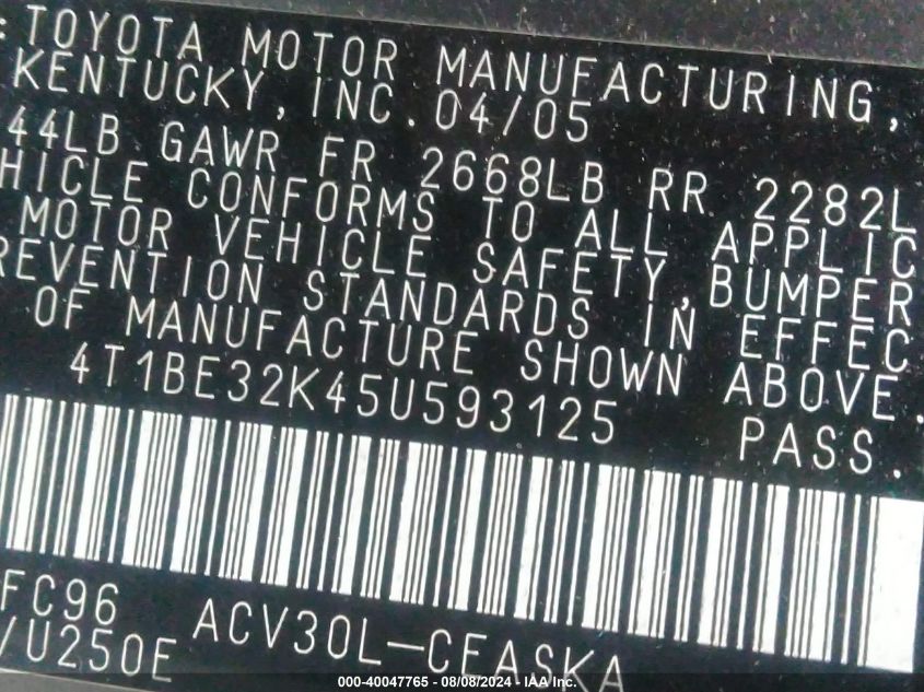 2005 Toyota Camry Le/Se/Std/Xle VIN: 4T1BE32K45U593125 Lot: 40047765