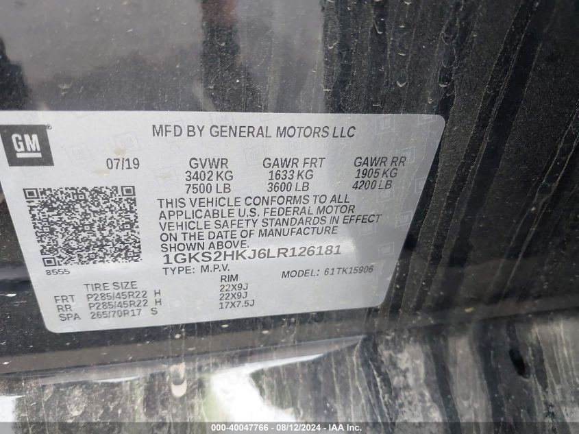 2020 GMC Yukon Xl 4Wd Denali VIN: 1GKS2HKJ6LR126181 Lot: 40047766