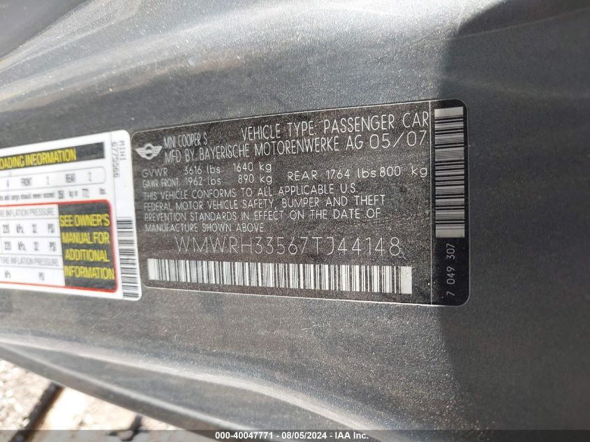 2007 Mini Cooper S VIN: WMWRH33567TJ44148 Lot: 40047771