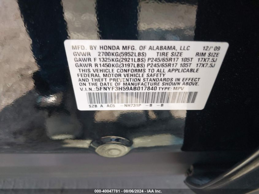 2010 Honda Pilot Ex-L VIN: 5FNYF3H59AB017840 Lot: 40047781