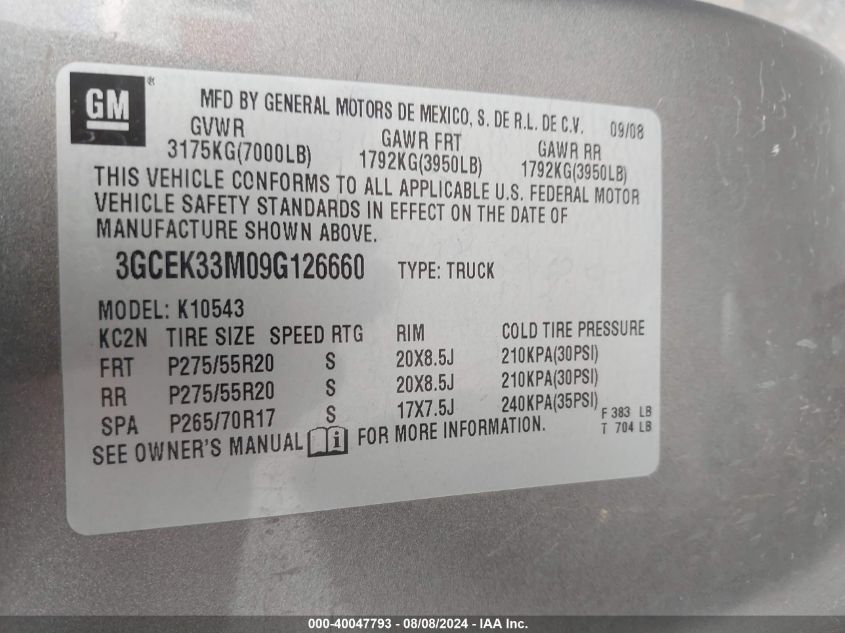 2009 Chevrolet Silverado 1500 Ltz VIN: 3GCEK33M09G126660 Lot: 40047793
