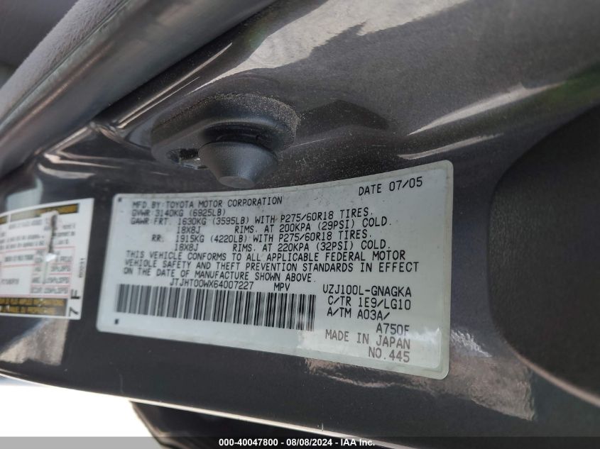 2006 Lexus Lx 470 VIN: JTJHT00WX64007227 Lot: 40047800