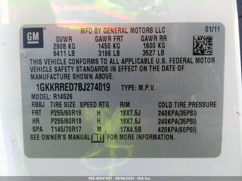 2011 GMC Acadia Slt-1 VIN: 1GKKRRED7BJ274019 Lot: 40047801