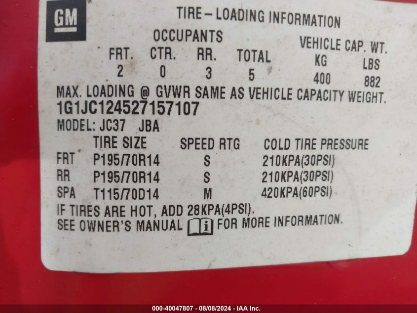 2002 Chevrolet Cavalier VIN: 1G1JC124527157107 Lot: 40047807