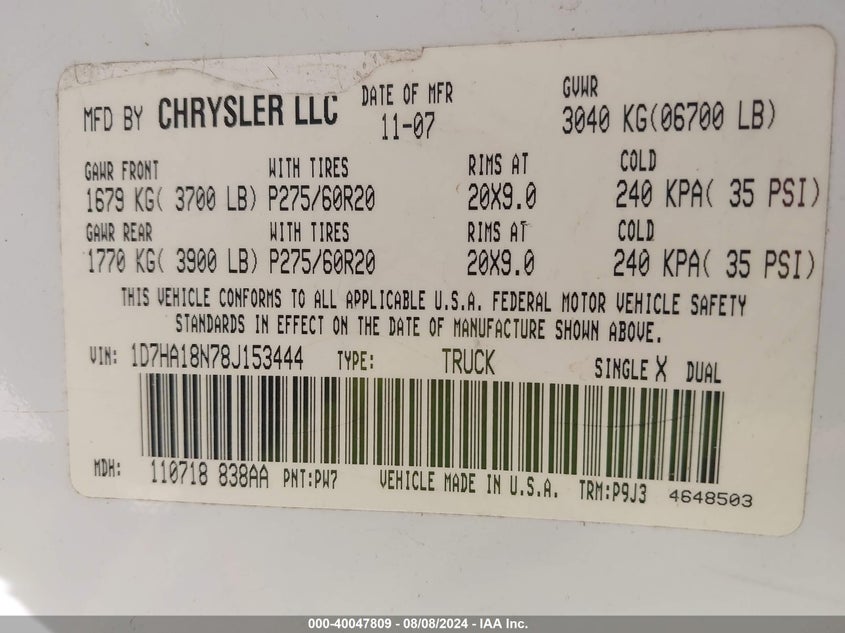 2008 Dodge Ram 1500 Slt VIN: 1D7HA18N78J153444 Lot: 40047809