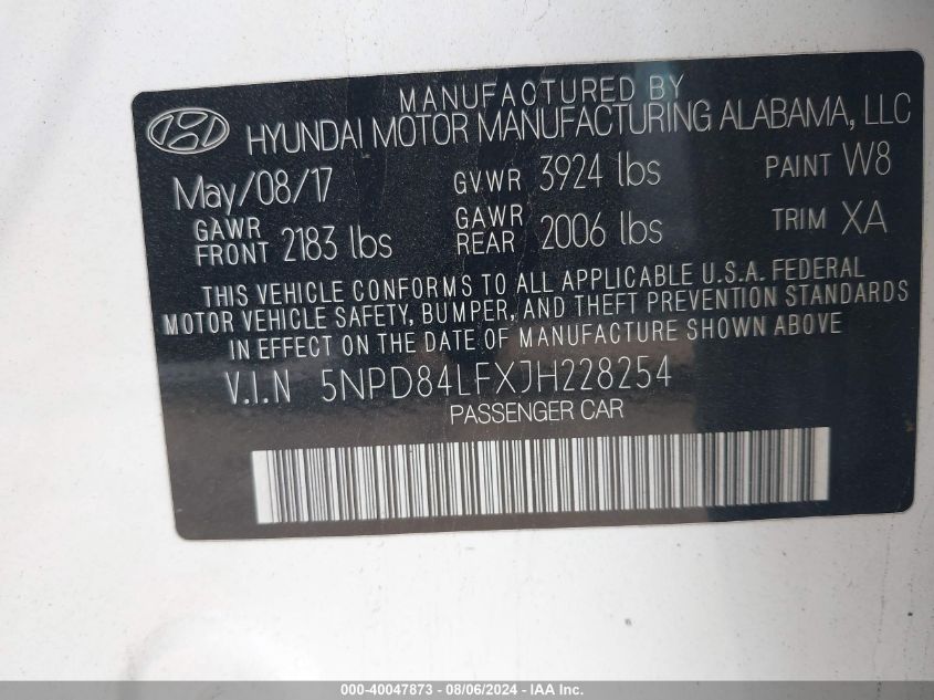 2018 Hyundai Elantra Sel/Value/Limited VIN: 5NPD84LFXJH228254 Lot: 40047873