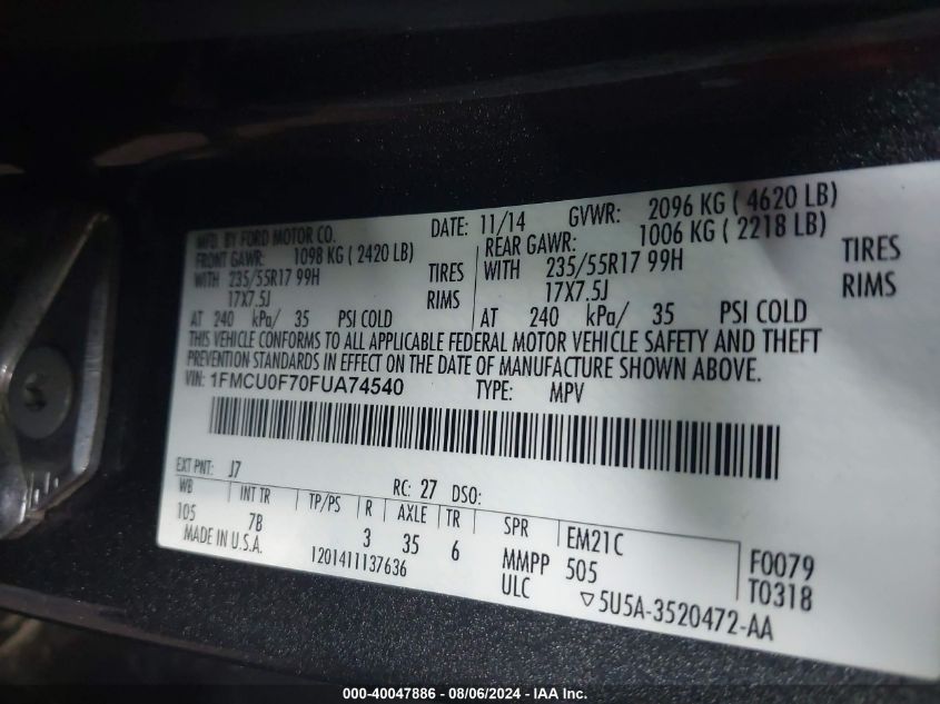 2015 Ford Escape S VIN: 1FMCU0F70FUA74540 Lot: 40047886