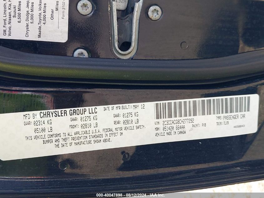 2012 Chrysler 300 Limited VIN: 2C3CCACG8CH277292 Lot: 40047898