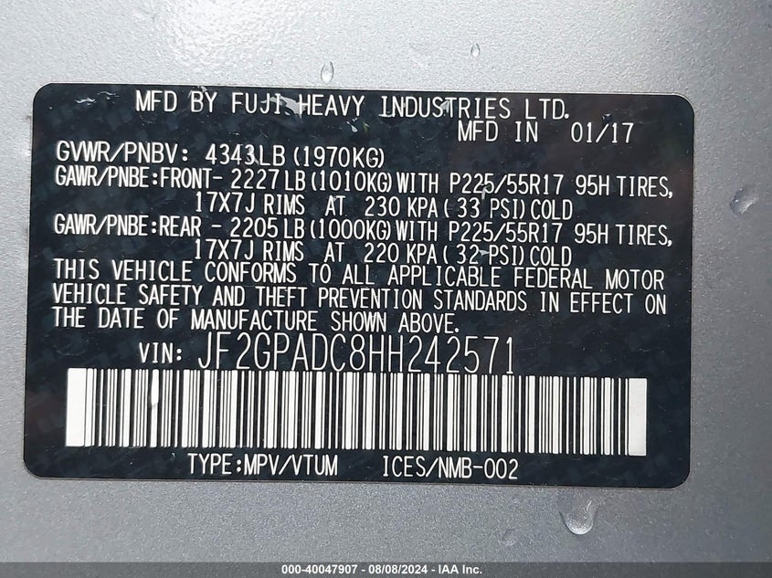 VIN JF2GPADC8HH242571 2017 SUBARU CROSSTREK 2.0I PREMIUM