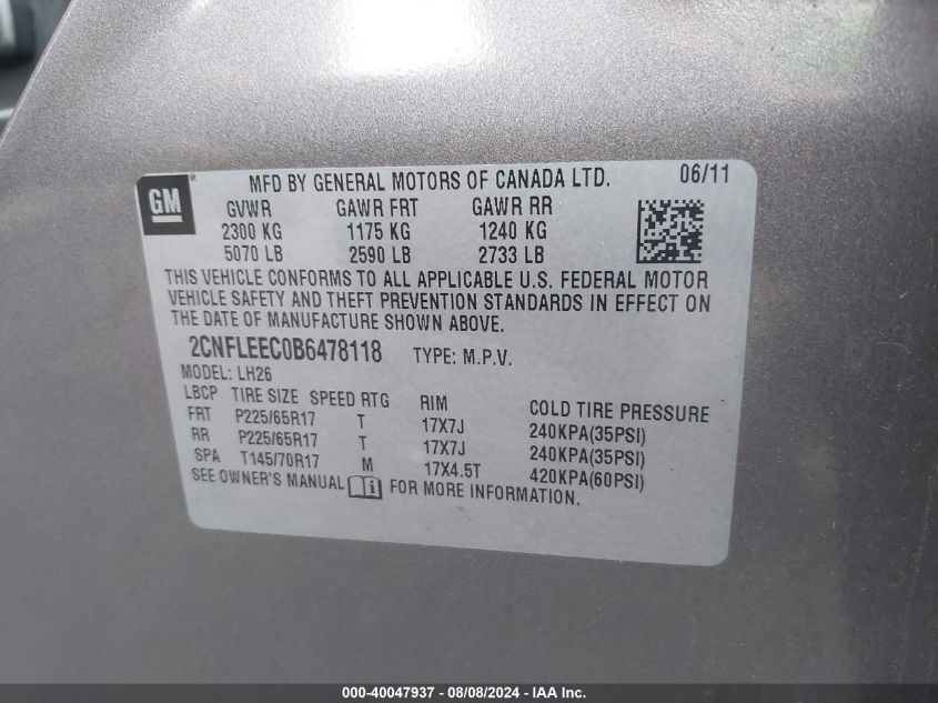 2011 Chevrolet Equinox 1Lt VIN: 2CNFLEEC0B6478118 Lot: 40047937