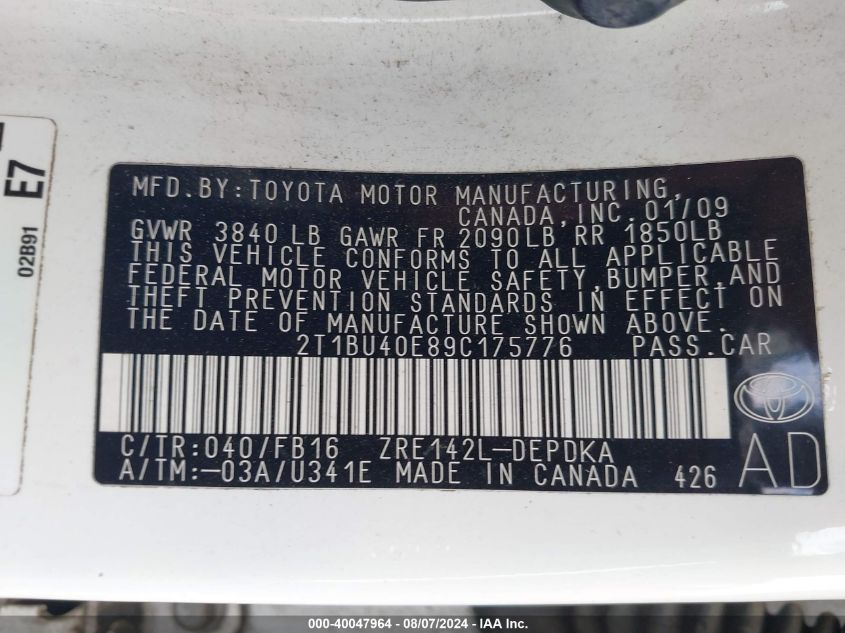 2009 Toyota Corolla Le VIN: 2T1BU40E89C175776 Lot: 40047964