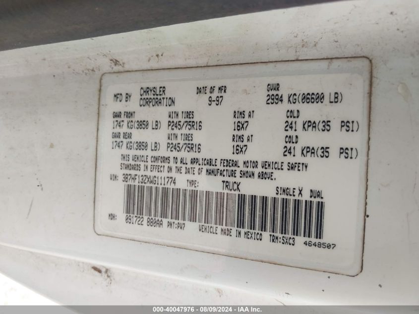 1998 Dodge Ram 1500 VIN: 3B7HF13ZXWG111774 Lot: 40047976