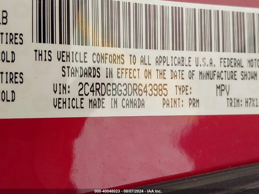 2013 Dodge Grand Caravan Se VIN: 2C4RDGBG3DR643985 Lot: 40048023