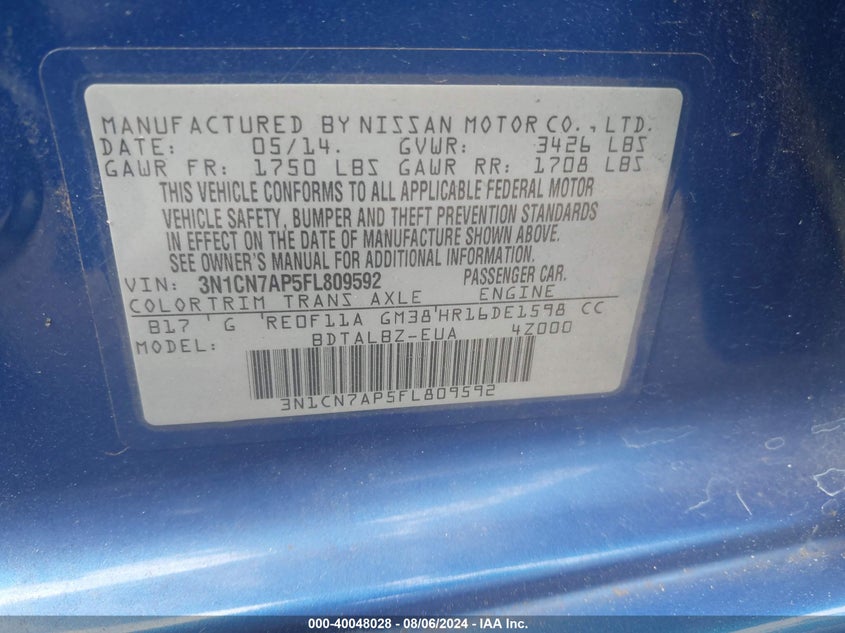 2015 Nissan Versa 1.6 Sv VIN: 3N1CN7AP5FL809592 Lot: 40048028